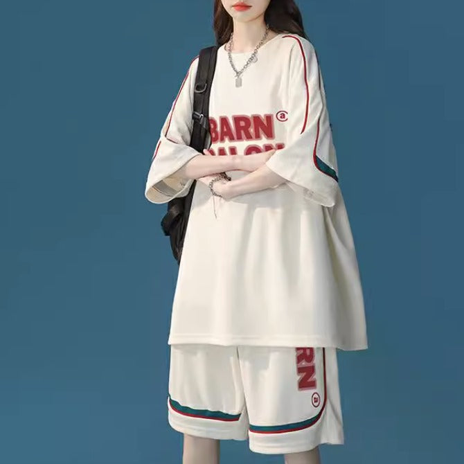 セットアップ レディース ジャージ 韓国 ファッション  オーバーサイズ ロゴ プリント Tシャツ ハーフパンツ 上下セット