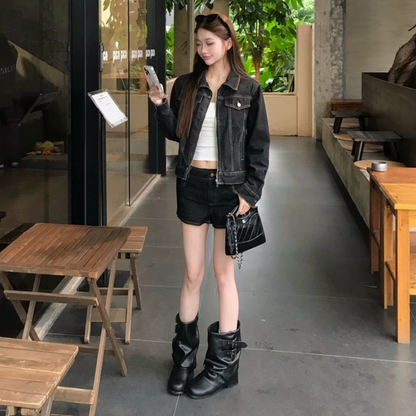 レトロ デニム セットアップ レディース 韓国 ファッション デニムジャケット 選べる ショートパンンツ&ワイドパンツ 上下セット