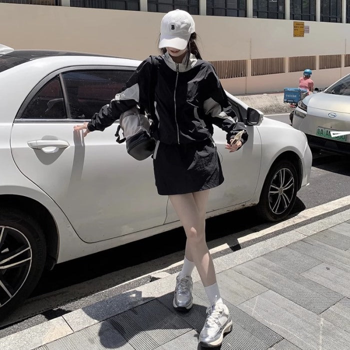 ナイロン ジャージ セットアップ レディース 韓国 ファッション カラーブロック ナイロンジャケット ミニスカート 上下セット ストリート