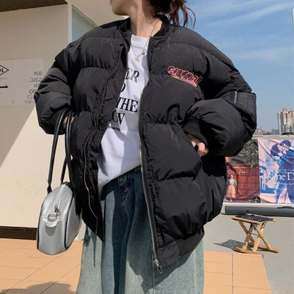 ロゴ エコダウン ジャケット レディース 韓国 ファッション 中綿 ボリューム パデッドジャケット バックロゴ かわいい フリーサイズ