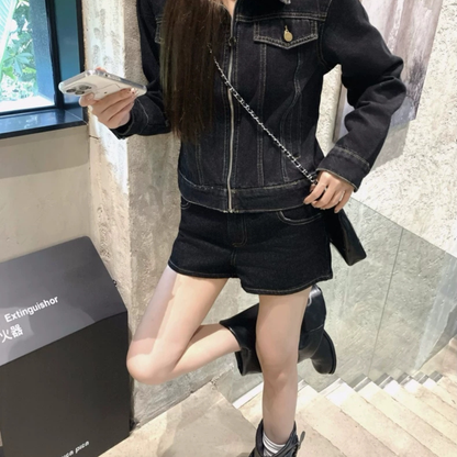 レトロ デニム セットアップ レディース 韓国 ファッション デニムジャケット 選べる ショートパンンツ&ワイドパンツ 上下セット