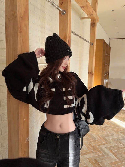 クロップド ビッグロゴ ニット トップス レディース 韓国 ファッション ショート セーター