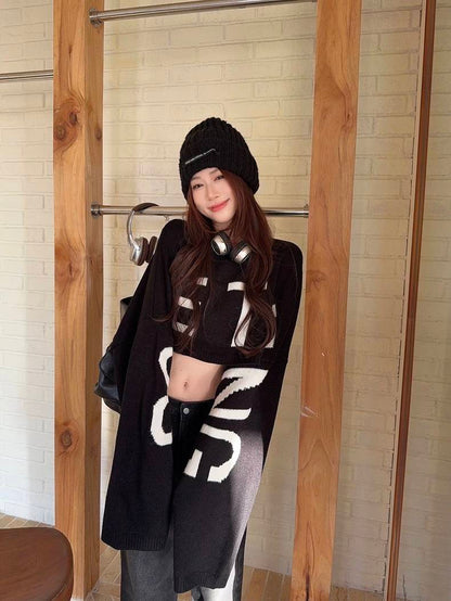 クロップド ビッグロゴ ニット トップス レディース 韓国 ファッション ショート セーター