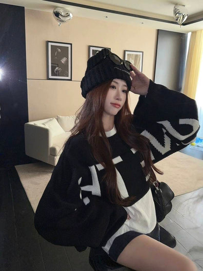 クロップド ビッグロゴ ニット トップス レディース 韓国 ファッション ショート セーター