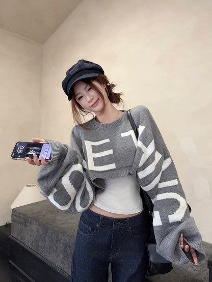 クロップド ビッグロゴ ニット トップス レディース 韓国 ファッション ショート セーター