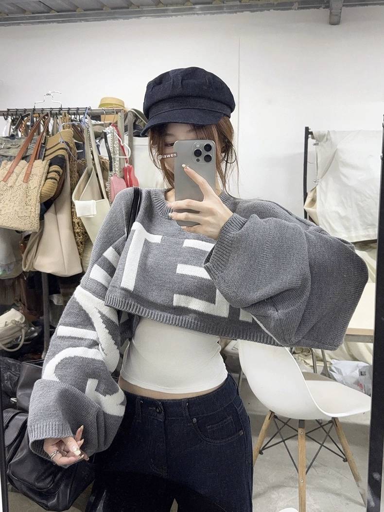 クロップド ビッグロゴ ニット トップス レディース 韓国 ファッション ショート セーター