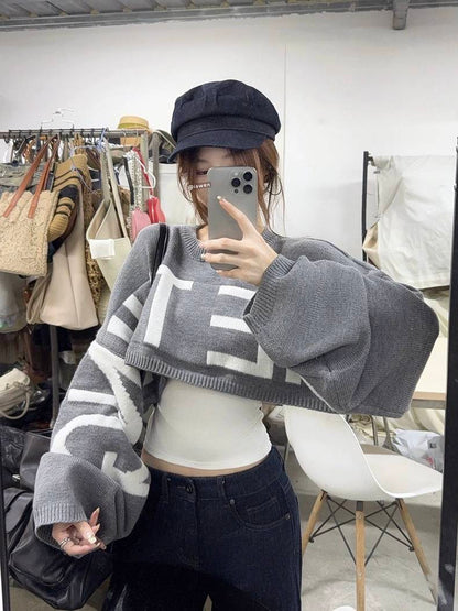 クロップド ビッグロゴ ニット トップス レディース 韓国 ファッション ショート セーター