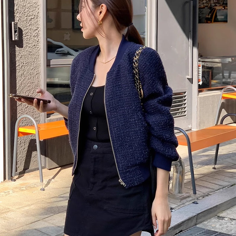 ツイード調 ノーカラージャケット 韓国 ファッション ミックスカラー