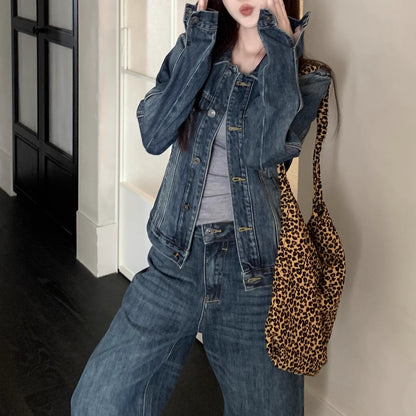 デニム セットアップ レディース 韓国 ファッション ジャケット デニムパンツ ダメージ加工 上下セット