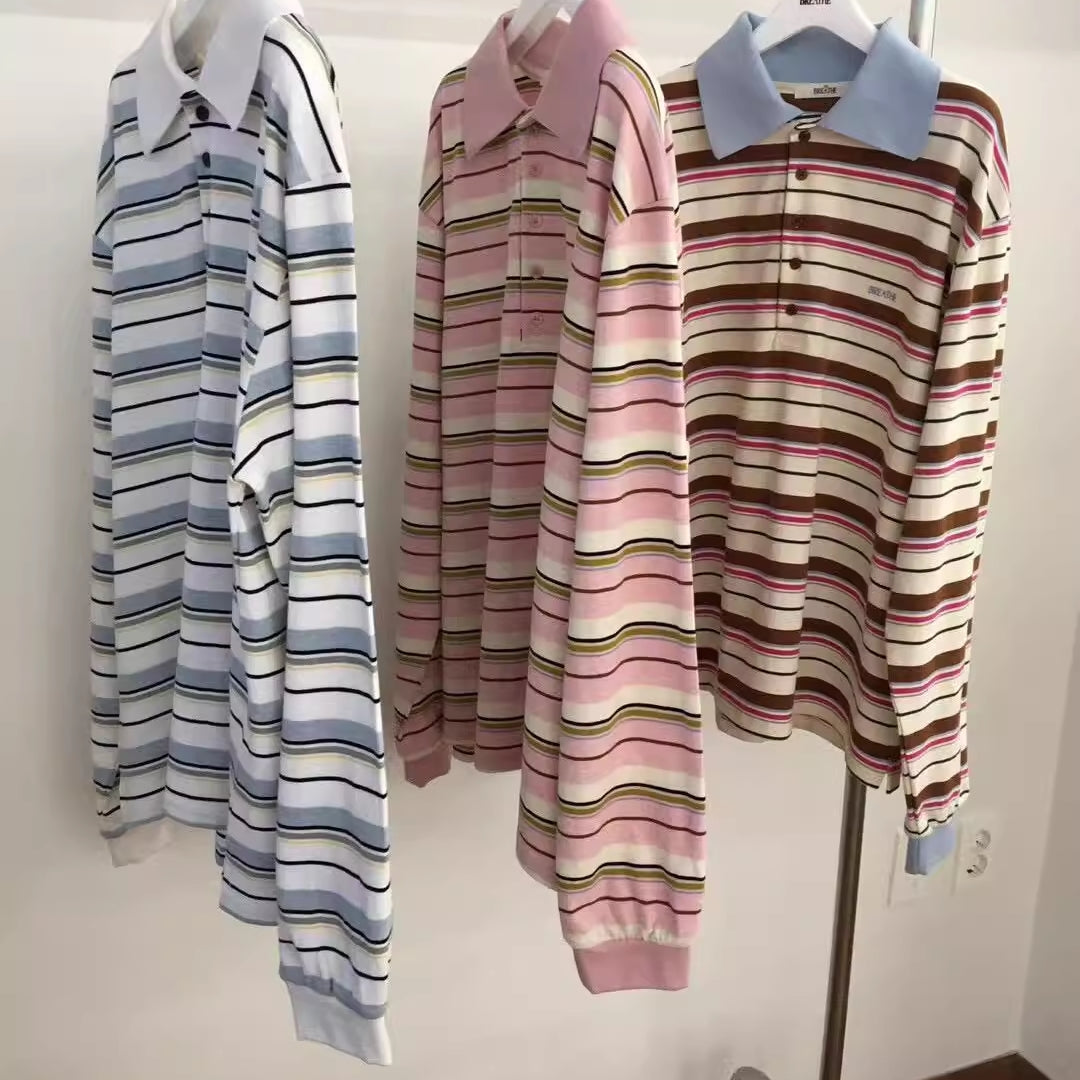 ボーダー ポロシャツ 長袖 レディース 韓国 ファッション マルチボーダー ラガーシャツ カットソー 長T 秋トップス ロゴ ワンポイント