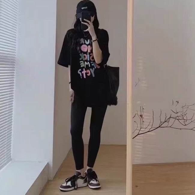 セットアップ レディース Ｔシャツ レギンスパンツ 上下セット 韓国 ファッション スリムパンツ プリントロゴ メッセージＴシャツ