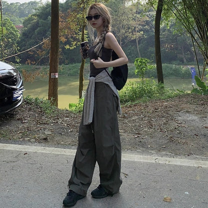 パラシュートパンツ シャカパン レディース 韓国  トレンド ナイロン ワイドパンツ ドローストリングス 裾コード付き