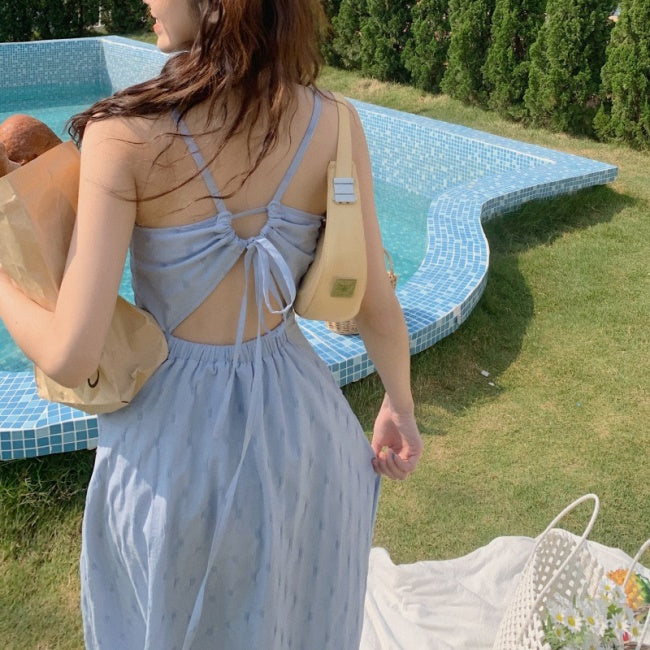 夏 キャミ ワンピース レディース 韓国 ファッション 夏 背中見せ ノースリーブ サマー ロングワンピース ブルー