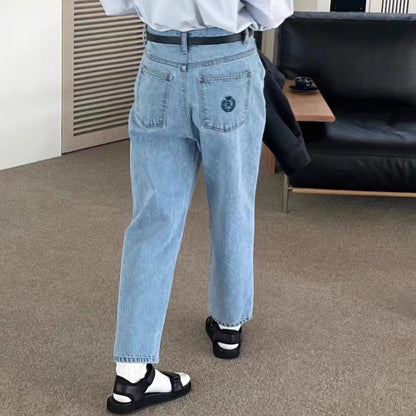 デニムパンツ レディース テーパード アンクル デニム パンツ 韓国 ファッション バックポケット ワンポイント 刺繍