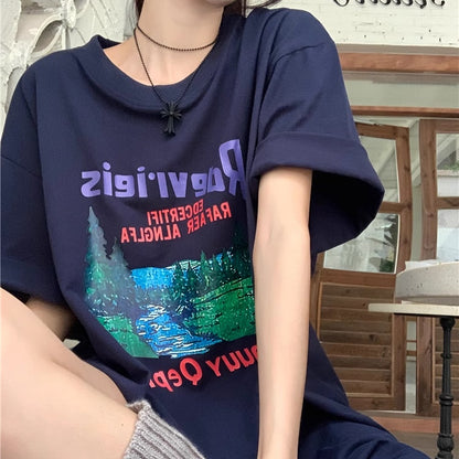 Tシャツ レディース プリント グラフィック T 韓国 ファッション 半袖 夏トップス ビッグシルエット