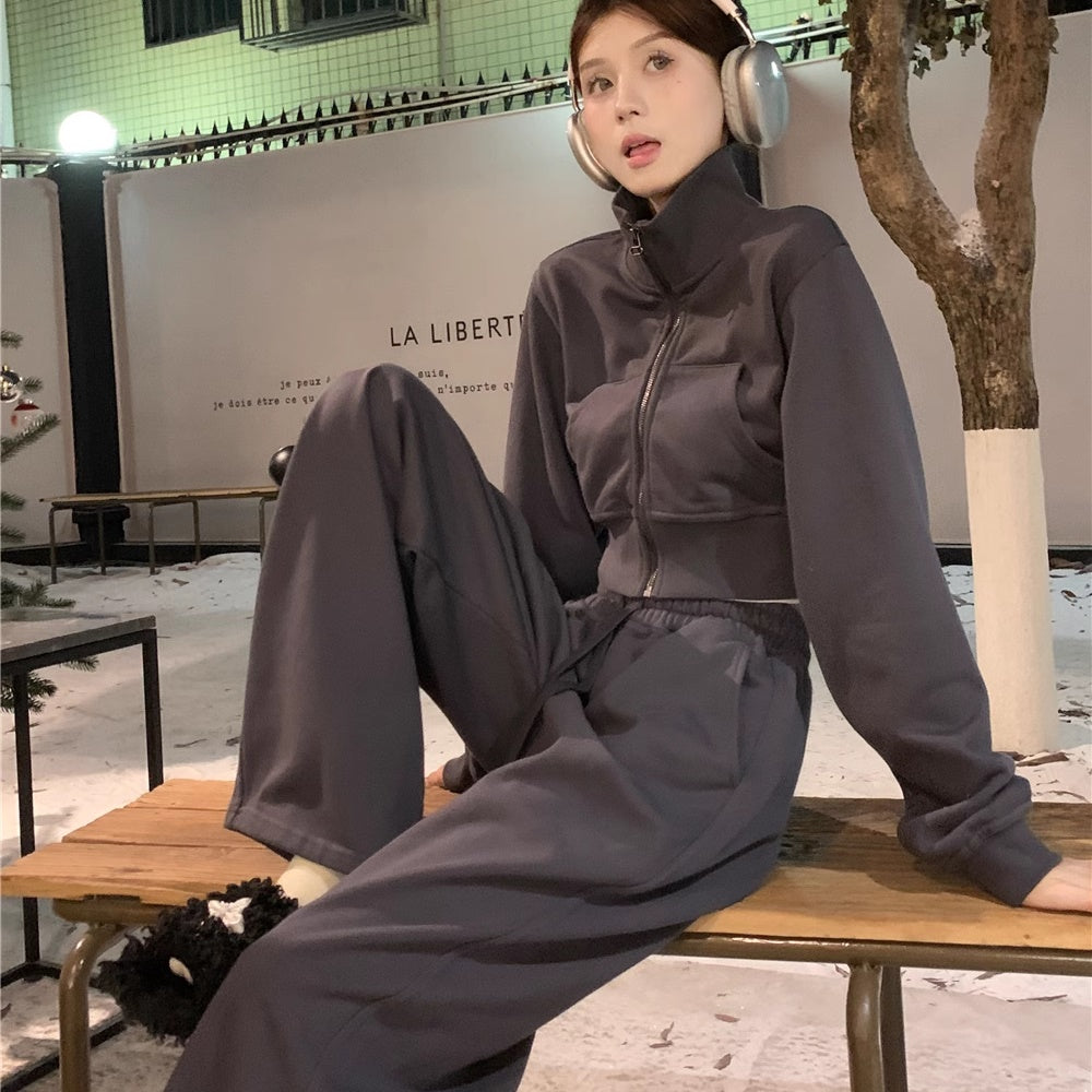 スウェット セットアップ レディース 韓国 ファッション クロップド ジャケット ワイドパンツ 上下セット スポーティー スウェット ジャージ