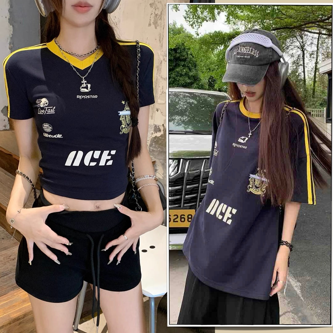 Tシャツ レディース スポーティー 韓国 ファッション クロップド丈 ビッグシエット ２タイプ 選びる シルエット