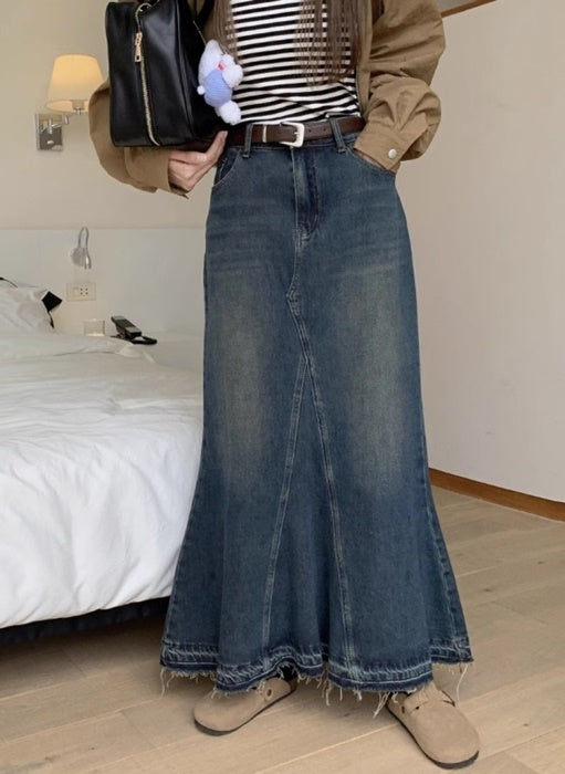デニム ロングスカート レディース 韓国 ファッション マーメイドスカート 裾フレア きれいめデニム ヴィンテージ加工 レトロ
