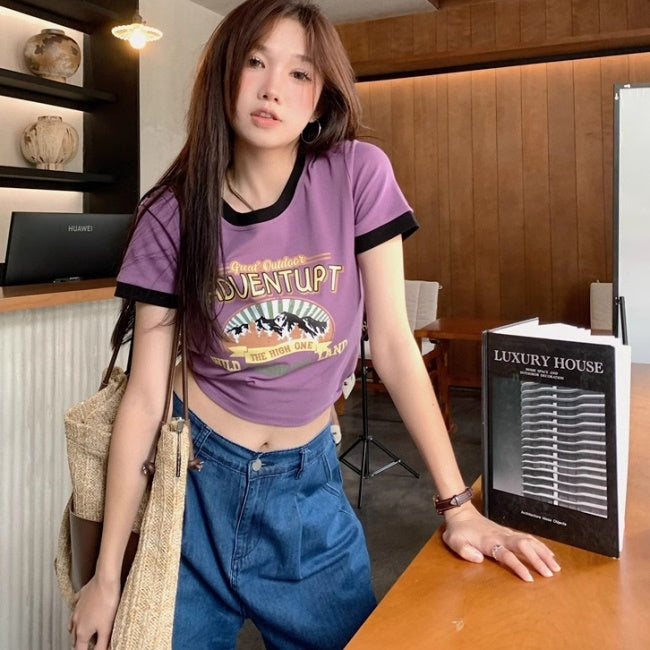 リンガー Tシャツ レディース プリント グラフィック クロップド Ｔ 韓国 ファッション 夏 トップス 裾絞り 調節