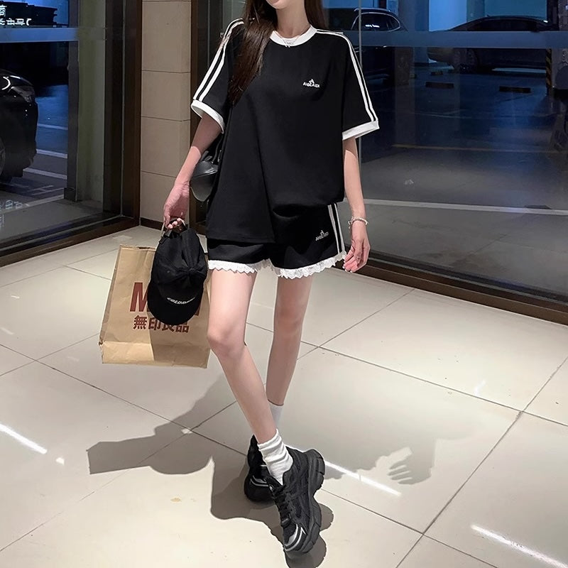 セットアップ レディース Ｔシャツ ハーフパンツ 上下セット 韓国 ファッション ロゴ オーバーサイズ ラインTシャツ ライン ショートパンツ 上下セット