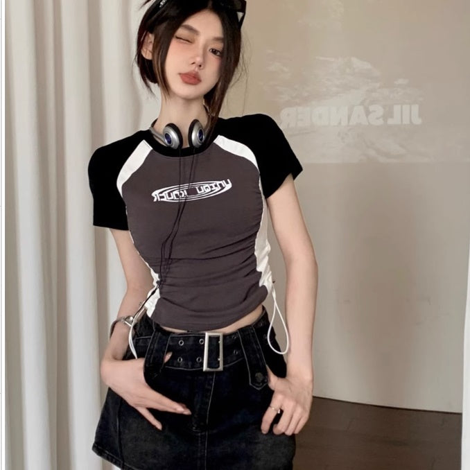 クロップド Tシャツ レディース 韓国 ファッション ドローコード 絞り クロップド Tシャツ レディース 韓国 ファッション ドローコード 絞り