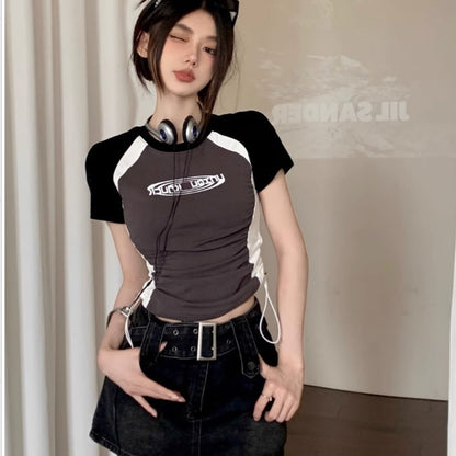 クロップド Tシャツ レディース 韓国 ファッション ドローコード 絞り ロゴ グラフィック ラグラン T Y2K