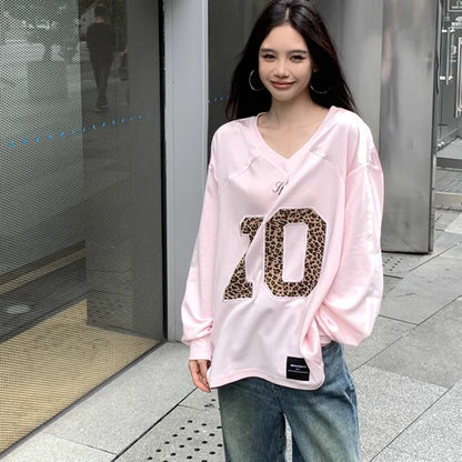 ロンT レディース オーバーサイズ ヒョウ柄 ナンバー ロゴ ロング Tシャツ 韓国 ファッション Vネック レオパード