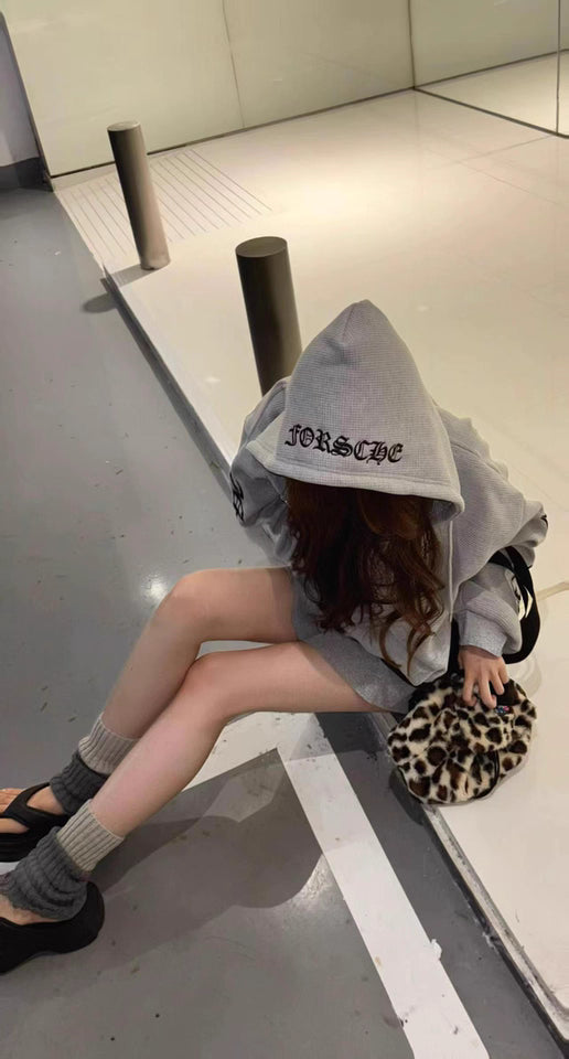 ワッフル ジップパーカー 韓国 ファッション レディース フードロゴ オーバーサイズ パーカー