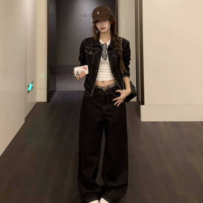 レトロ デニム セットアップ レディース 韓国 ファッション デニムジャケット 選べる ショートパンンツ&ワイドパンツ 上下セット