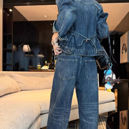 デニム セットアップ レディース 韓国 ファッション Gジャン デニムパンツ デニムジャケット  インディゴ レトロ ユーズド加工 ダメージ ジーンズ 上下セット