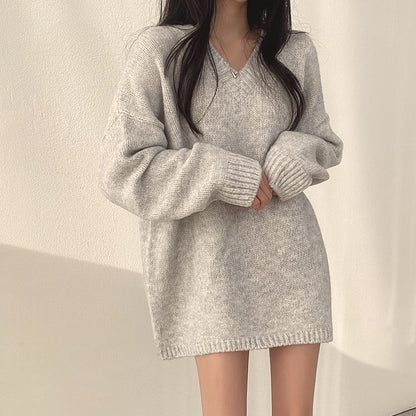 オーバーサイズ ニット ワンピース レディース 韓国 ファッション ｖネック ビッグニット ミニワンピース