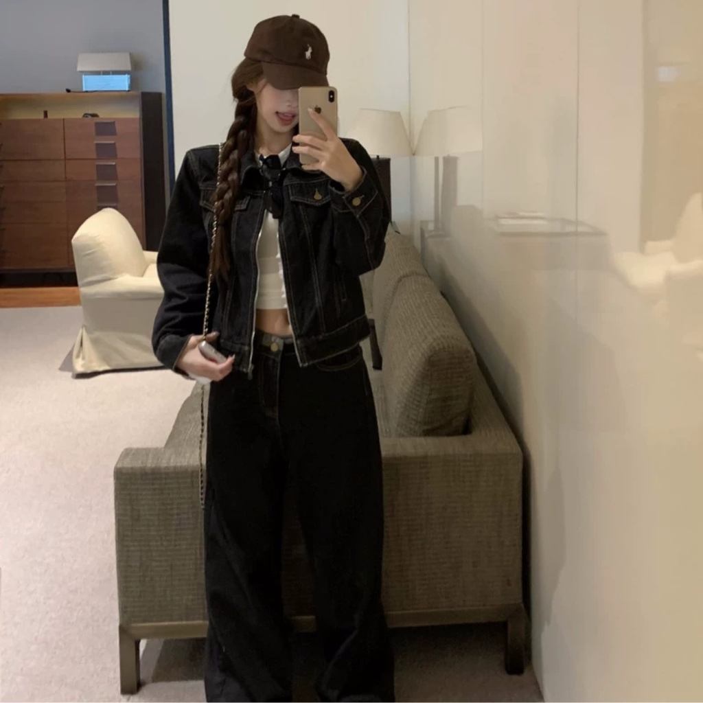 レトロ デニム セットアップ レディース 韓国 ファッション デニムジャケット 選べる ショートパンンツ&ワイドパンツ 上下セット