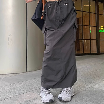 カーゴスカート ロング 韓国 ファッション レディース ナイロン ミニタリー ナロースカート