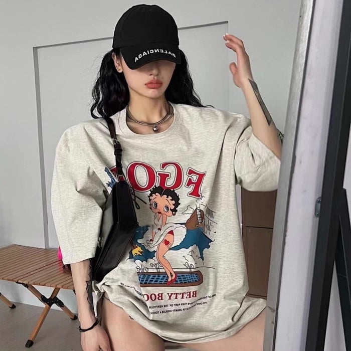 Tシャツ レディース キャラ プリント ビッグシルエット 韓国