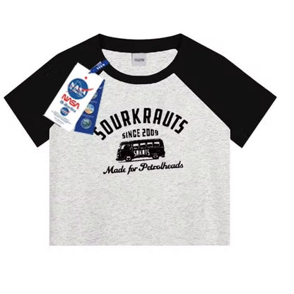 クロップド ラグラン Ｔシャツ レディース 韓国 ファッション アメカジ プリント ロゴ トップス ミニマム ショート丈 チビT