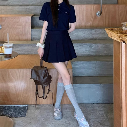セットアップ レディース ポロシャツ ミニスカート 上下セット 韓国 ファッション リボン プリーツスカート カレッジコーデ