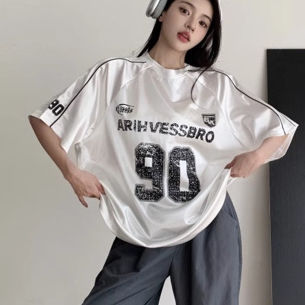 スポーティー Ｔシャツ レディース 韓国 ファッション レトロ ナンバーロゴ 光沢 オーバーサイズ ｔシャツ