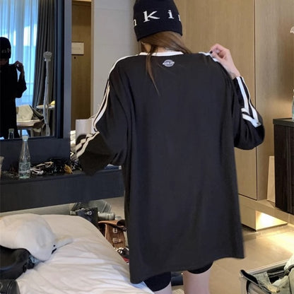 サイドライン ロンT レディース 韓国 ファッション スポーティ Tシャツ メンズライク オーバーサイズ Ｔ