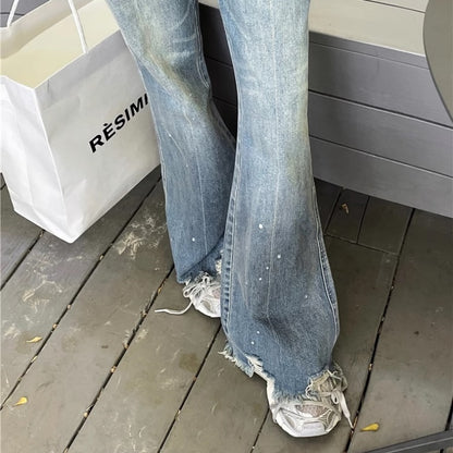 フレア デニムパンツ レディース 韓国 ファッション ダメージ加工 ブーツカットデニム