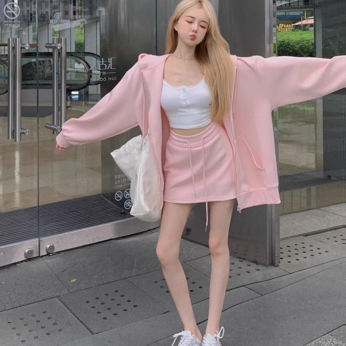オーバーサイズ　ファッション　韓国　パーカー　–　スウェット　geeg　セットアップ　レディース　ミニスカート　上下セット