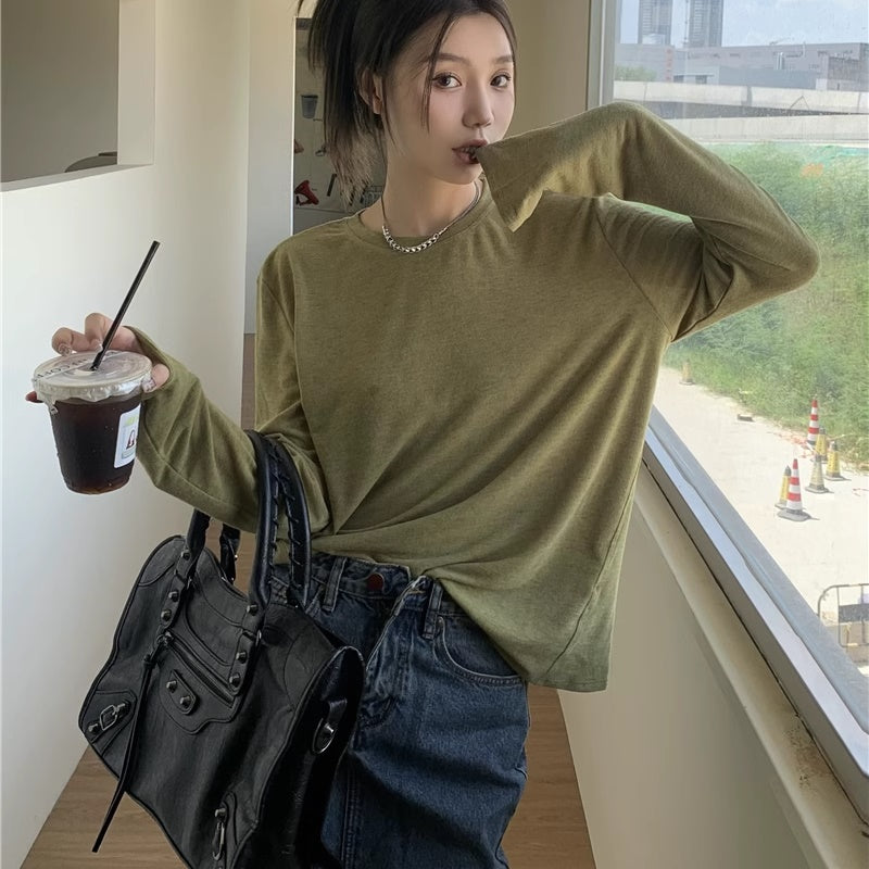 バック ロゴ ロンT レディース 韓国 ファッション ロングTシャツ 透け感 オーバーサイズ 長袖 T