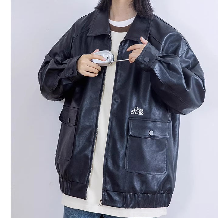 エコレザー ジャケット レディース 韓国 ファッション ロゴ オーバーサイズ フェイクレザーブルゾン ジップアップ