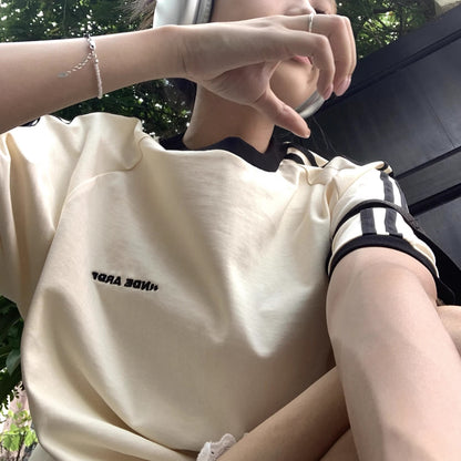 セットアップ レディース Ｔシャツ ハーフパンツ 上下セット 韓国 ファッション ロゴ オーバーサイズ ラインTシャツ ライン ショートパンツ 上下セット