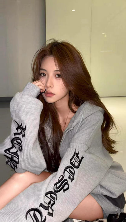 ワッフル ジップパーカー 韓国 ファッション レディース フードロゴ オーバーサイズ パーカー