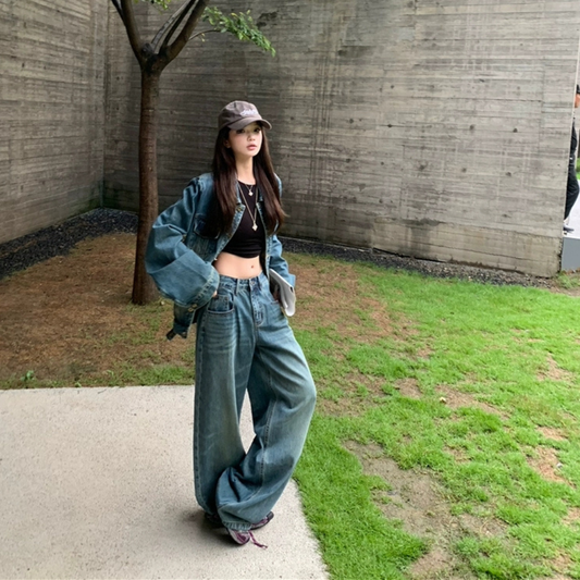 ヴィンテージ加工 デニム セットアップ レディース レトロ ウォッシュ加工 ゆったりジャケット ＆ ストレート デニムパンツ 2点セット