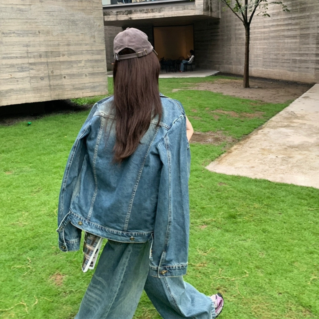ヴィンテージ加工 デニム セットアップ レディース レトロ ウォッシュ加工 ゆったりジャケット ＆ ストレート デニムパンツ 2点セット