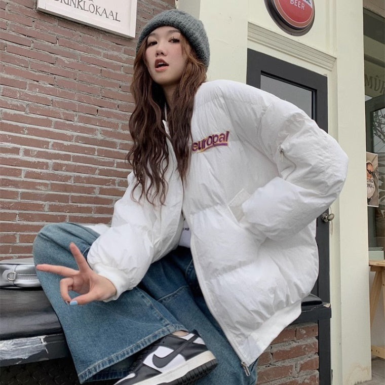 ロゴ エコダウン ジャケット レディース 韓国 ファッション 中綿 ボリューム パデッドジャケット バックロゴ かわいい フリーサイズ