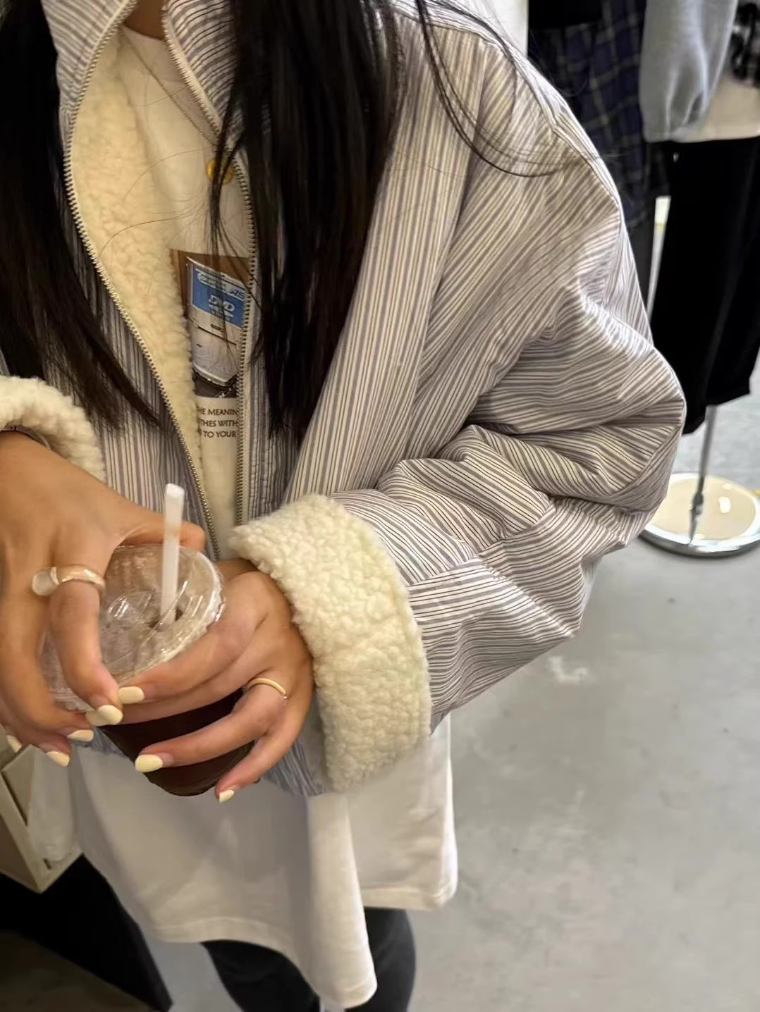 ボア ブルゾン レディース 韓国 ファッション ストライプ チェック 裏ボア オーバーサイズ スタンドネック ジャケット