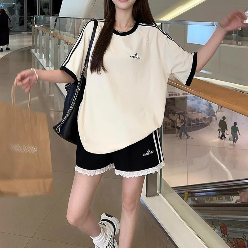 セットアップ レディース Ｔシャツ ハーフパンツ 上下セット 韓国 ファッション ロゴ オーバーサイズ ラインTシャツ ライン ショートパン –  geeg