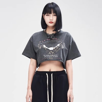 クロップドＴシャツ レディース アメリカン グラフィック T 韓国 ファッション 夏 トップス アッシュカラー